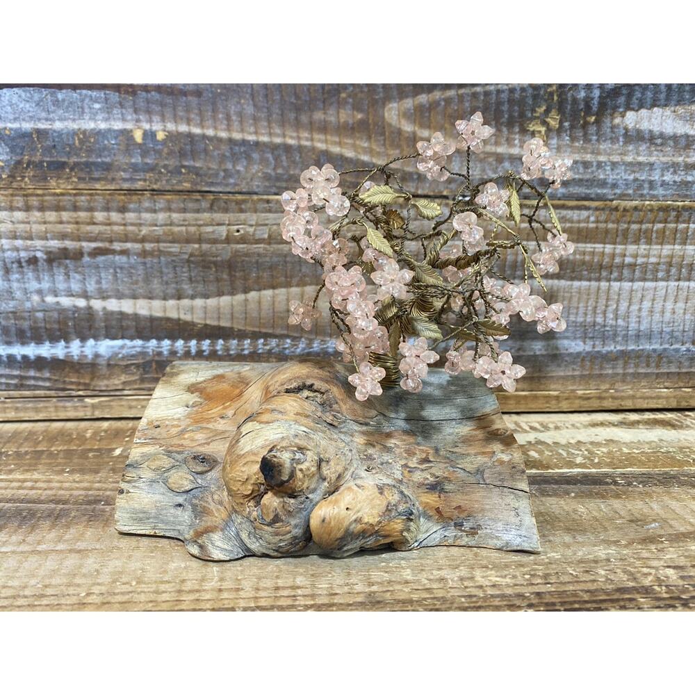 Vintage Driftwood Wire Cherry Blossom Tree Rose Quartz Sculpture Bonsai Figurine